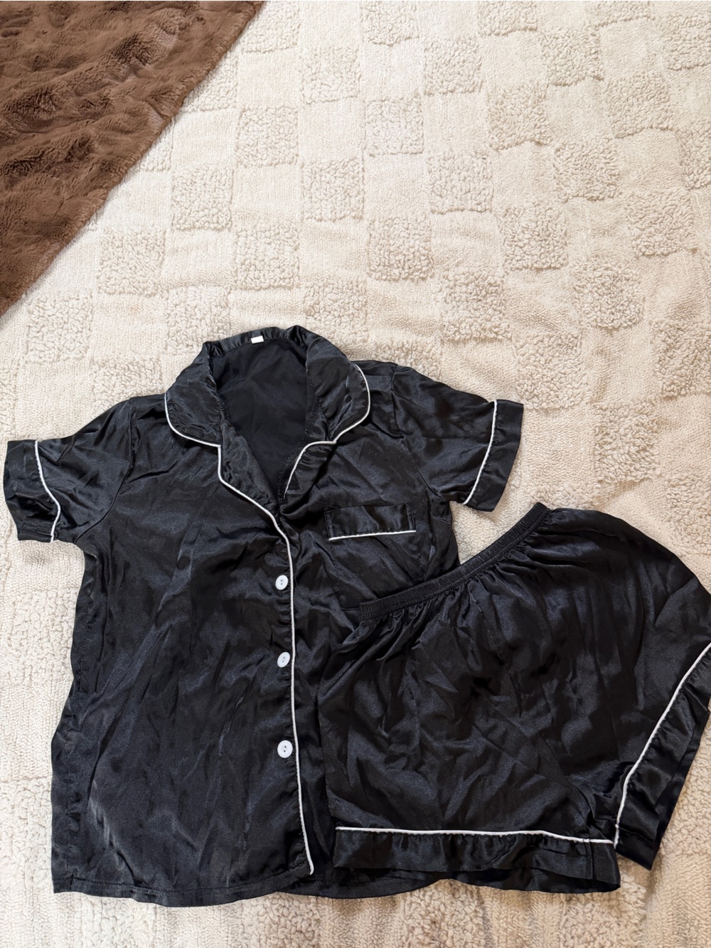 SHEIN Black Satin Short Sleeve Pajama Set with White Piping Trim